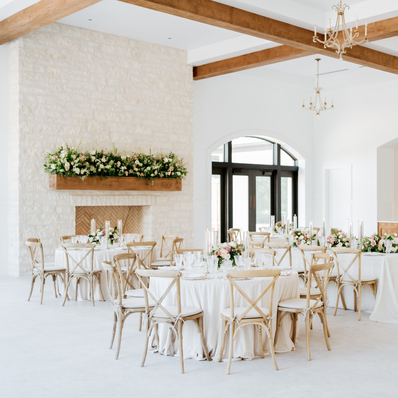 Wedding Venue Ballroom and Event Space with a Grand Fireplace and Chandeliers