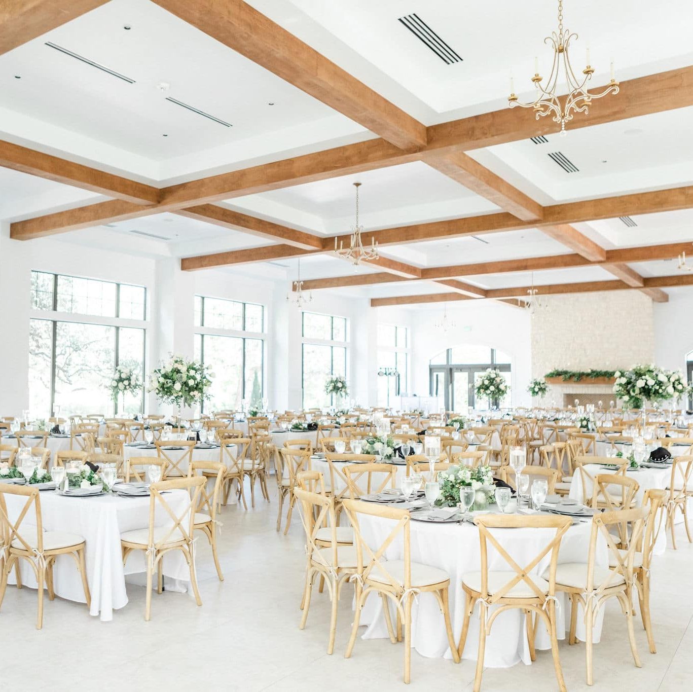 Wedding Venue Ballroom and Reception Hall ready decorated with flowers and candles