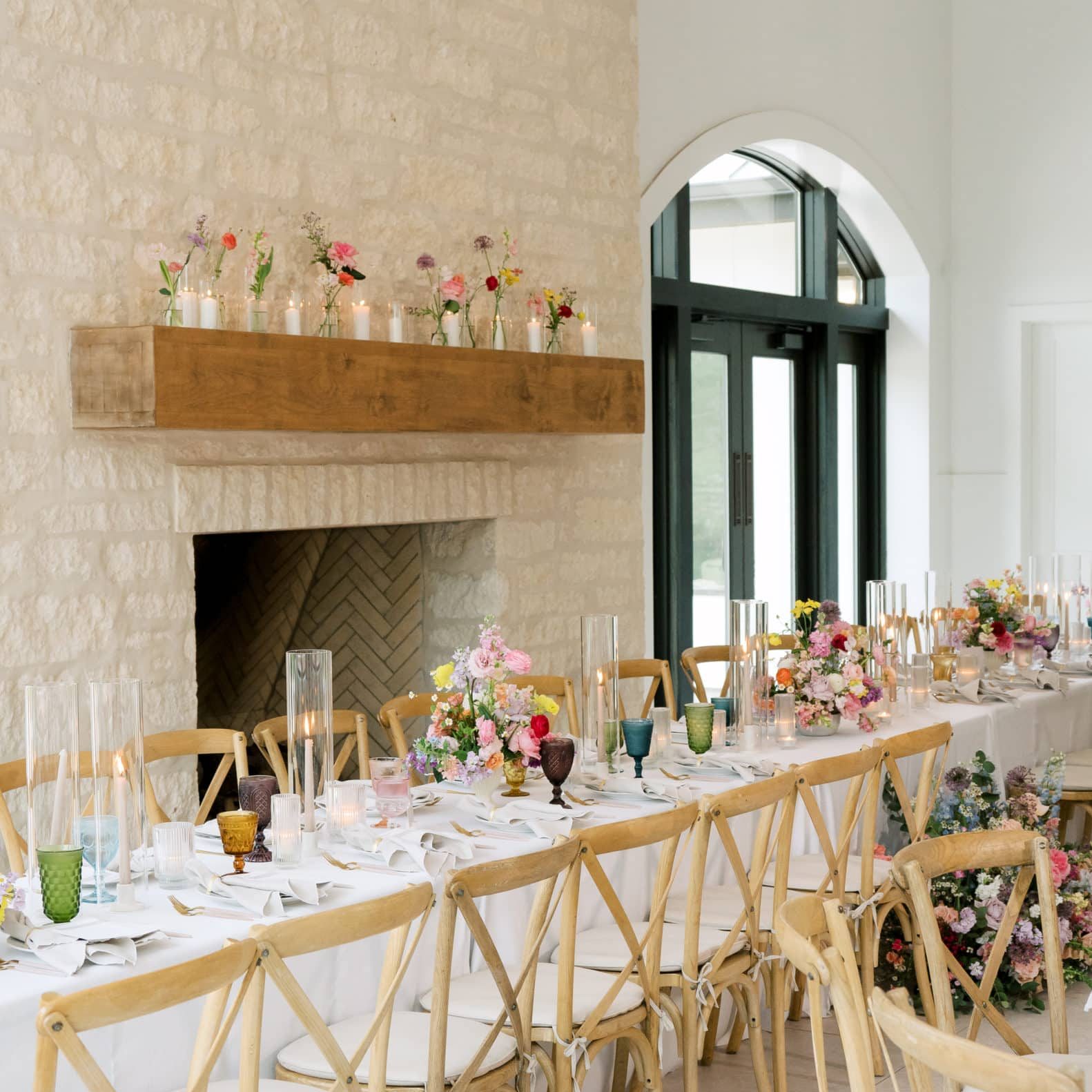 Head Table in front of the indoor fireplace of the ballroom