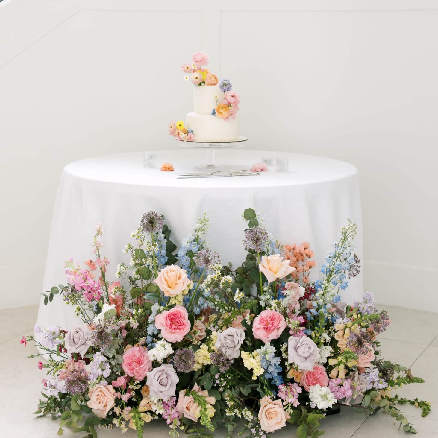 Ballroom cake table in front of our spiral staircase